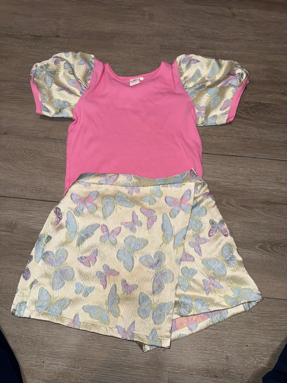 Mia Belle Girls Pink Puff Sleeve Top and Butterfly Skort girls size 10/12